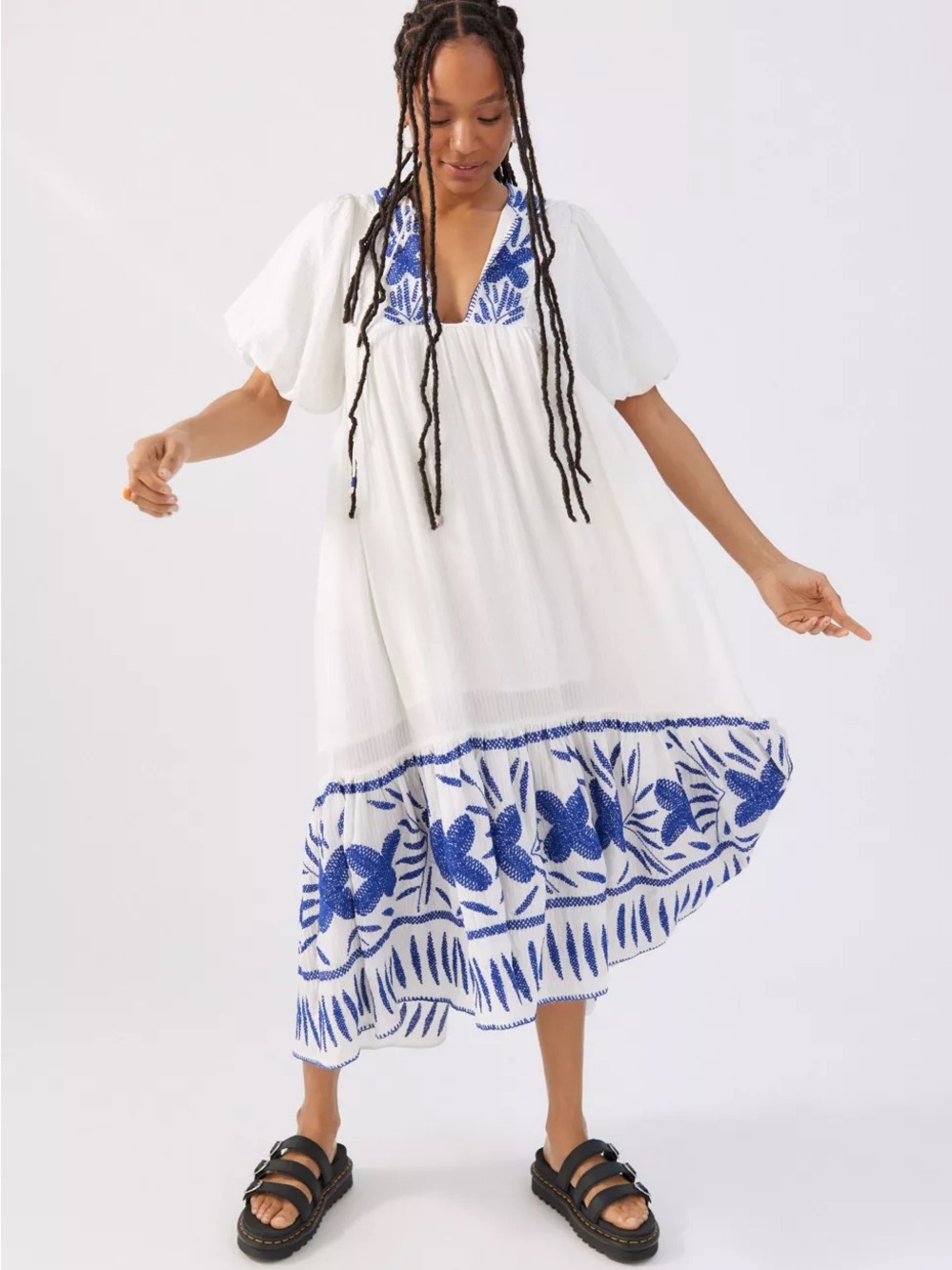 Urban Outfitters White & Blue Embroidered Maxi Dress